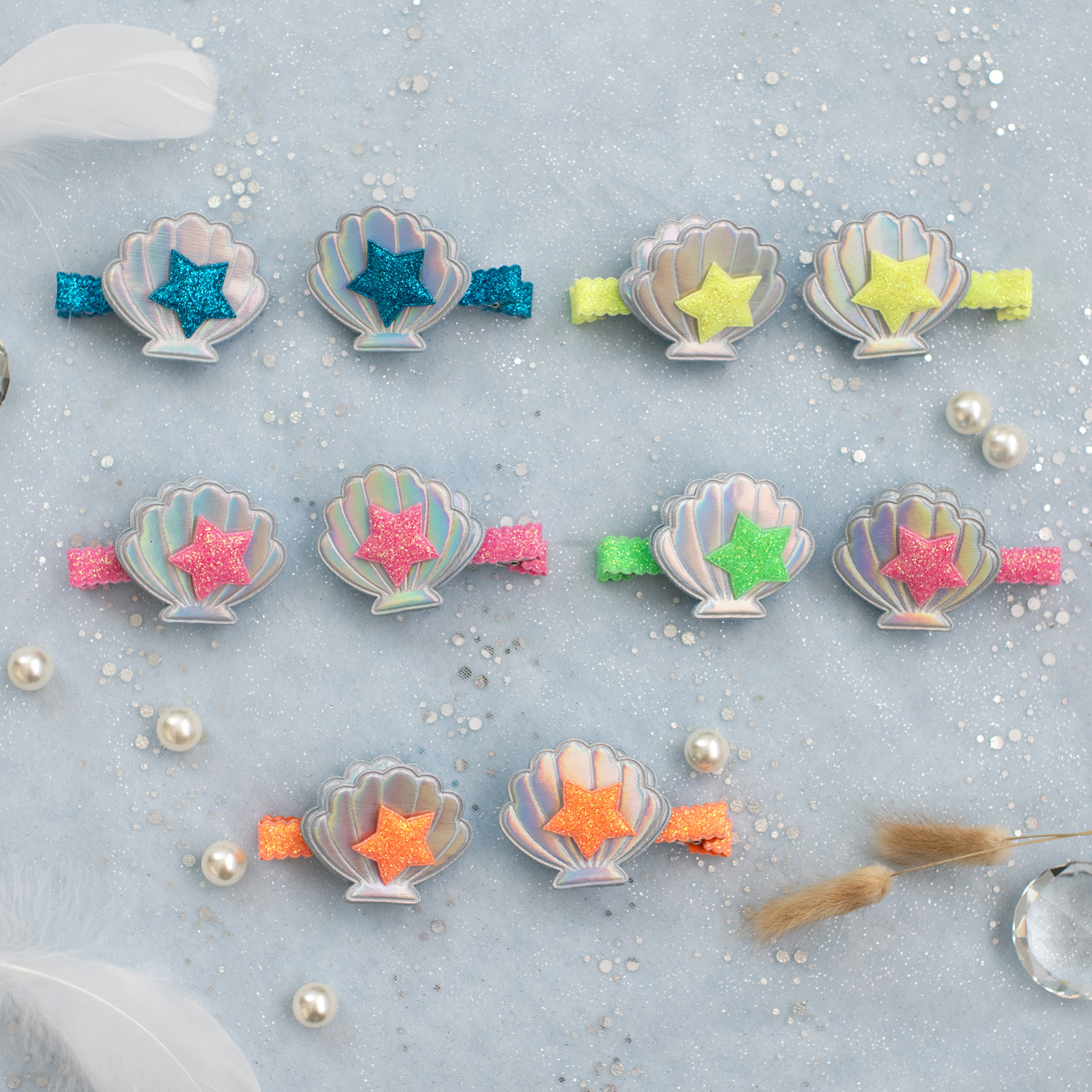 Summer Crystal Sea Shell Alligator Clips with Embedded Pearl - 1 Pair