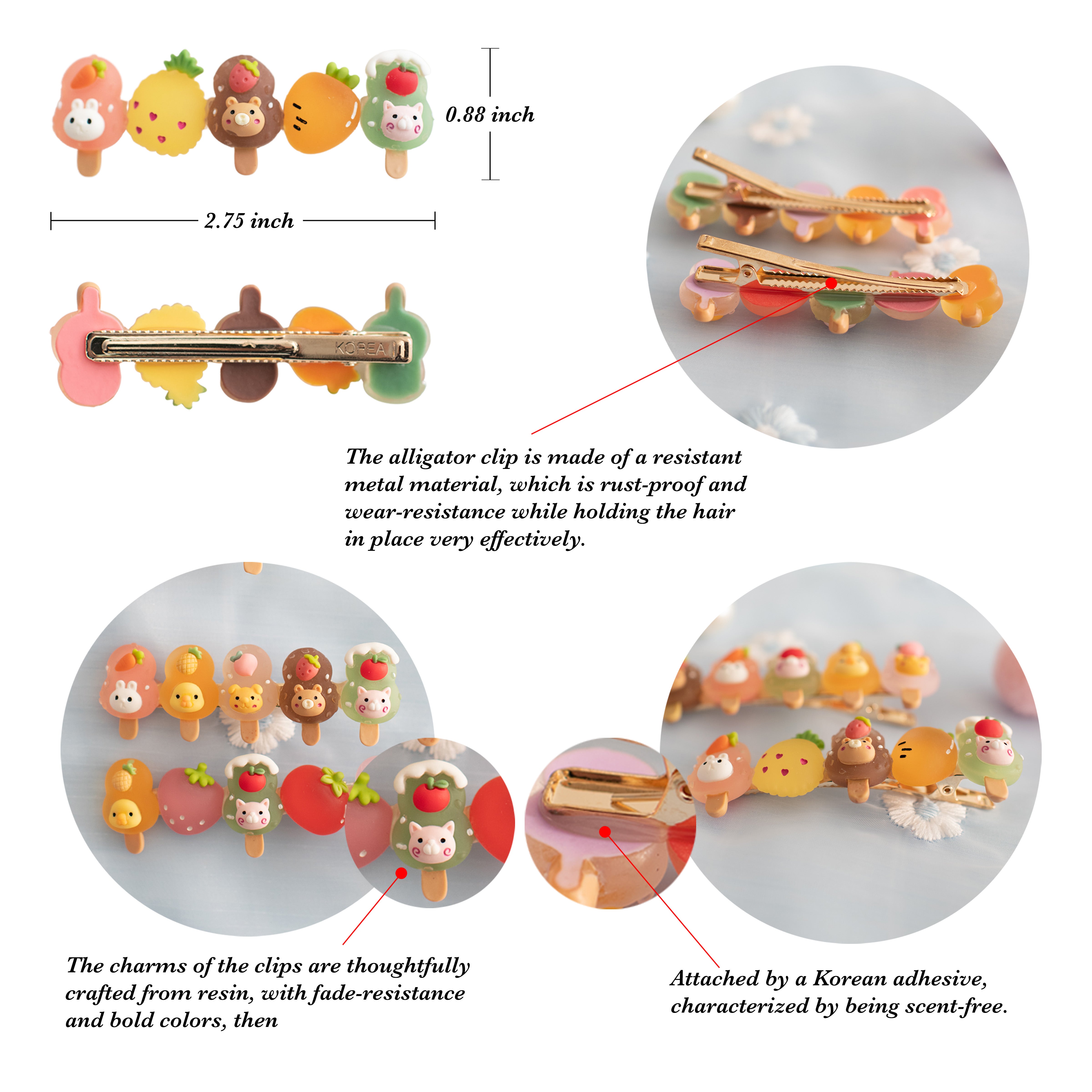 Summer Crystal Fruit Animal Popsicle Alligator Clips - 4 Pcs Set