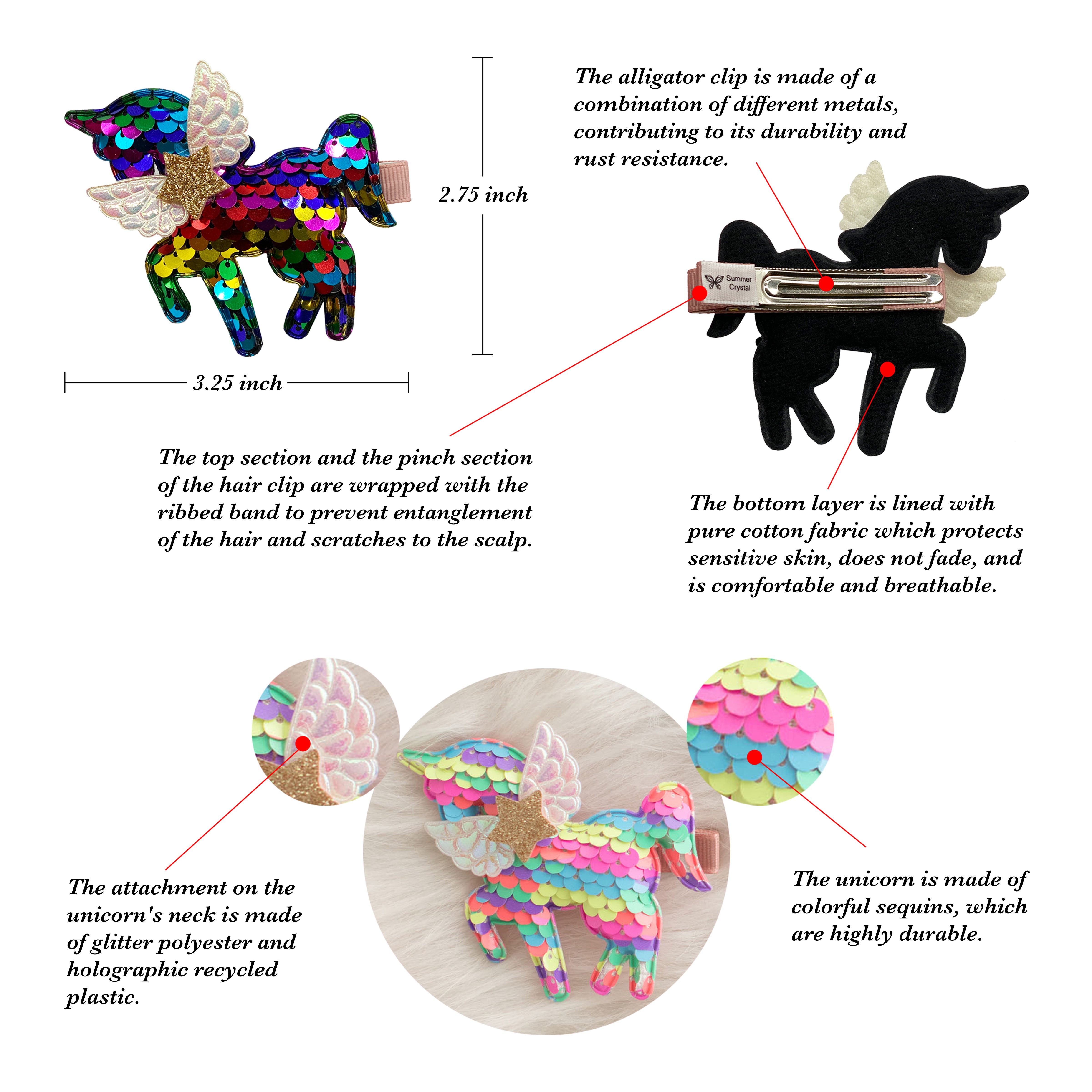 Summer Crystal - Winged Sequin Unicorn Hair Clip - 1 Pack