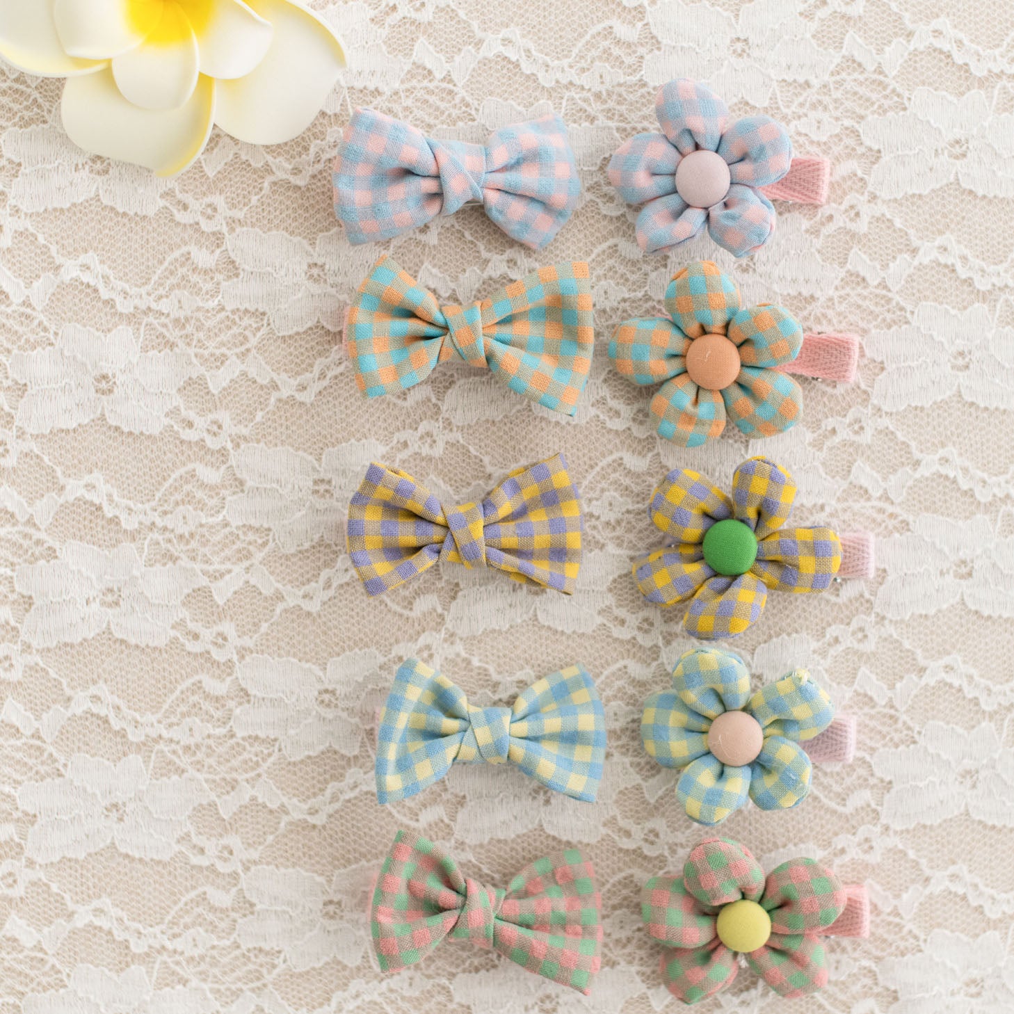 Summer Crystal Baby Girl Plaid Cotton Flowers and Bows Hair Clips - Pack of 10