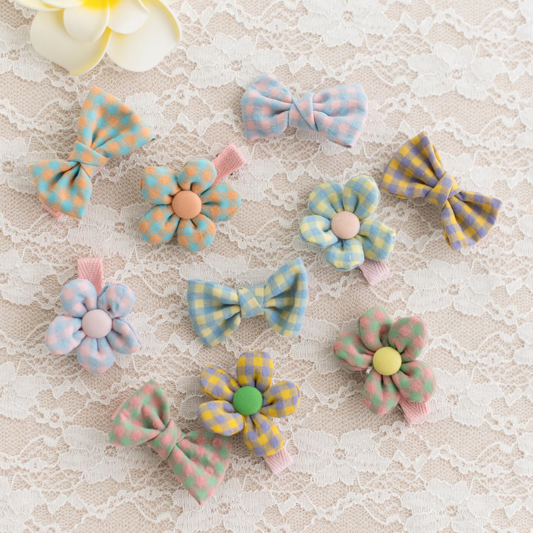 Summer Crystal Baby Girl Plaid Cotton Flowers and Bows Alligator Hair Clips - Pack of 10