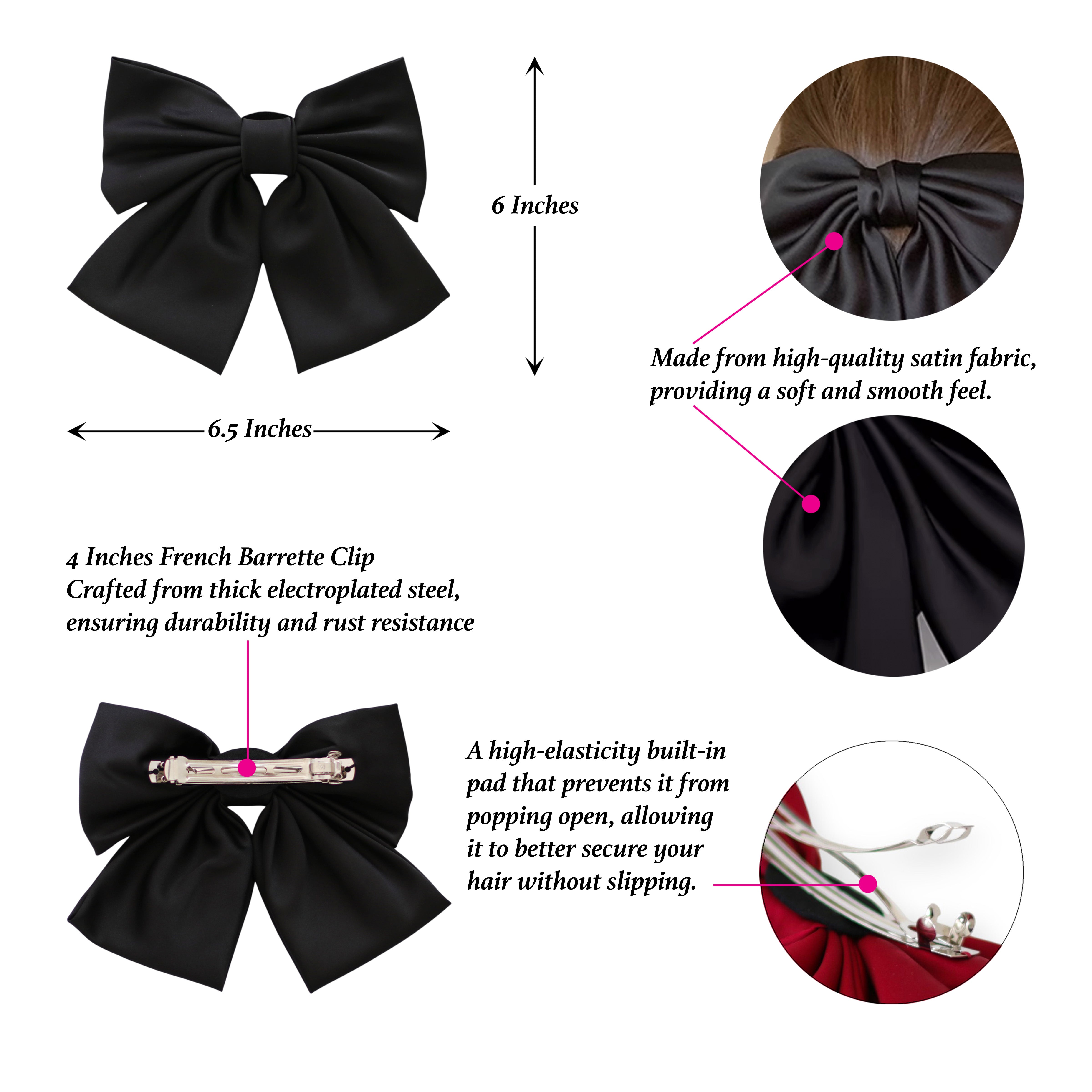Summer Crystal - Elegant Oversized Satin Bow Barrette Hair Clip for Girls &amp; Women - 1 Pack