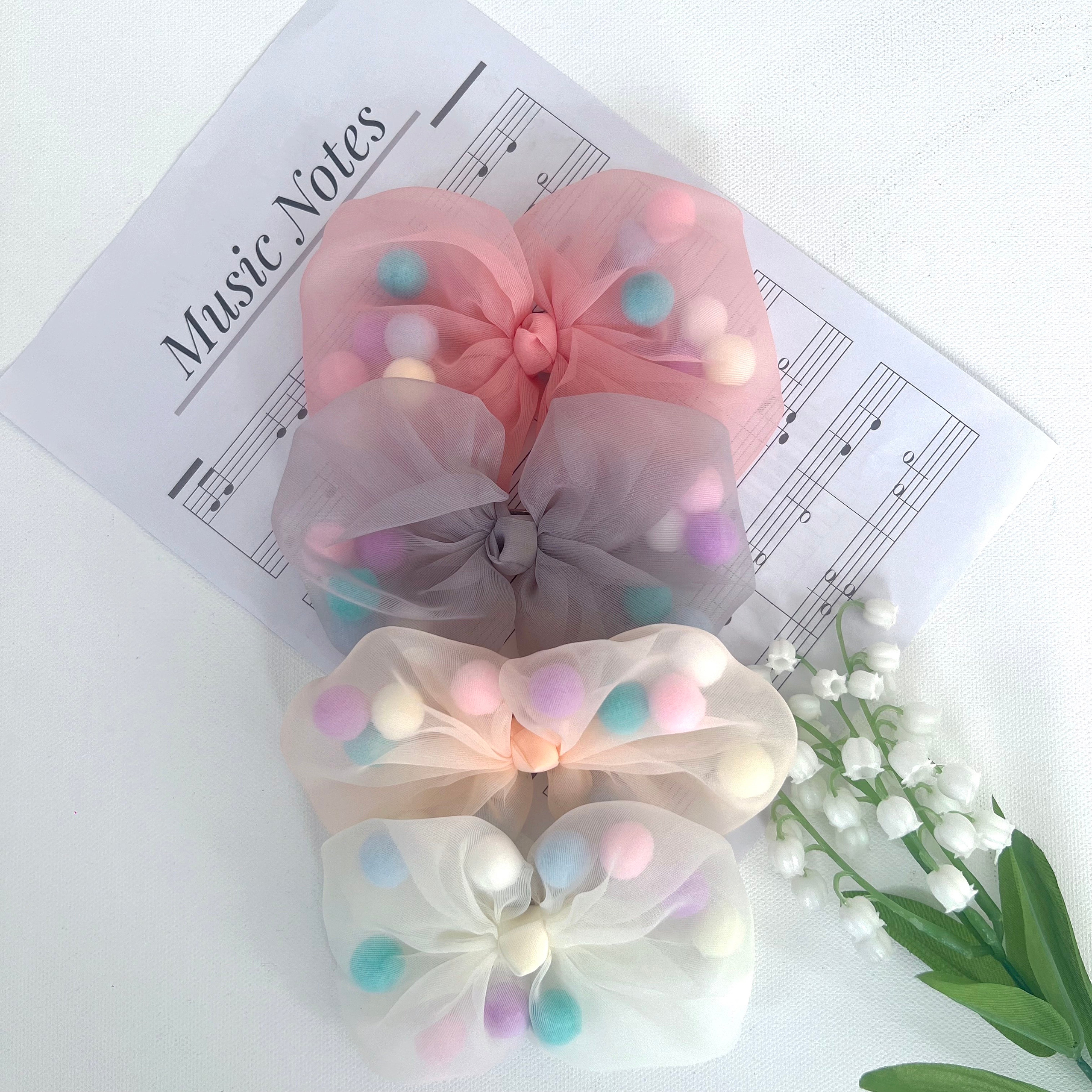 Summer Crystal - Tulle Bow with Pompoms Hair Clip - 1 Pack