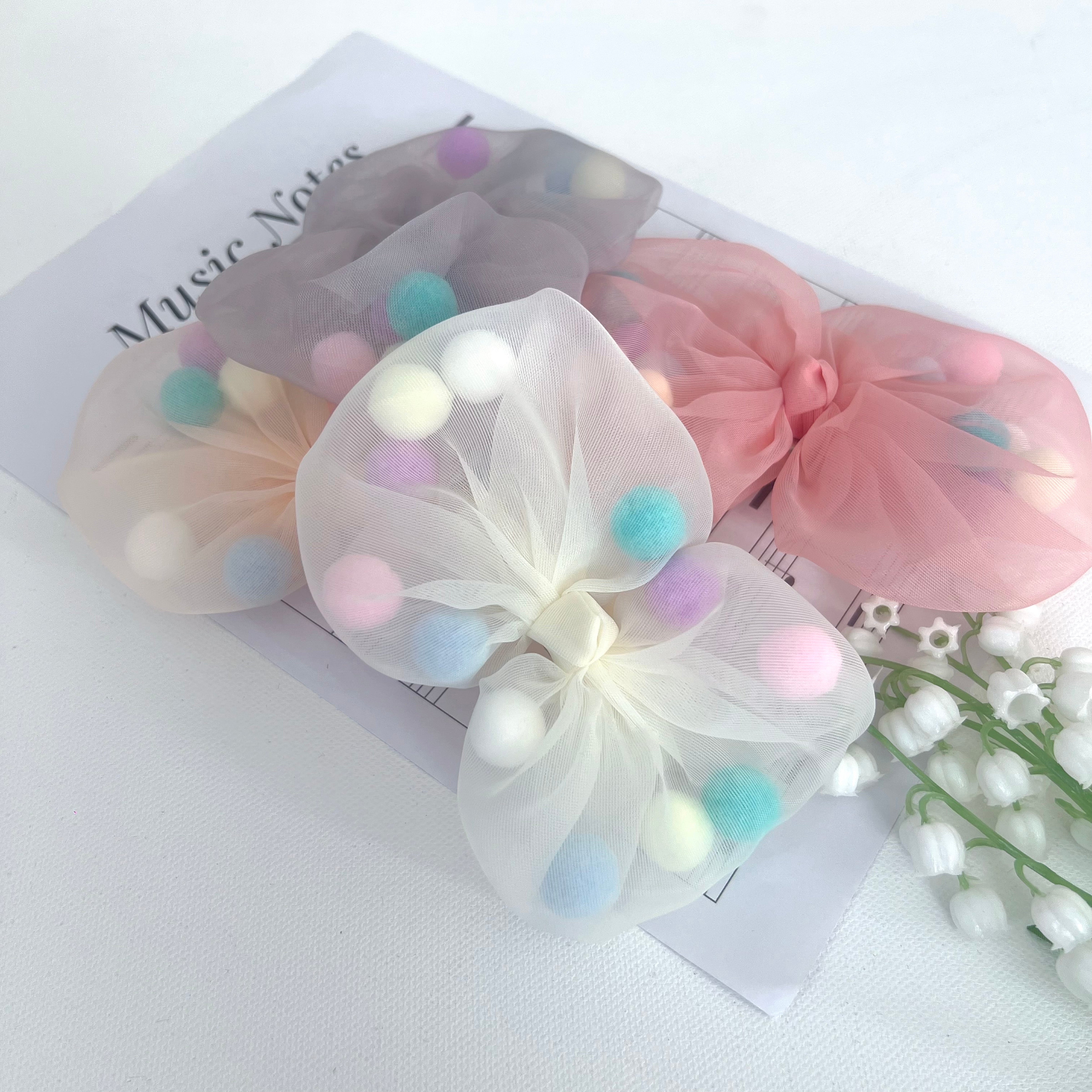 Summer Crystal - Tulle Bow with Pompoms Hair Clip - 1 Pack