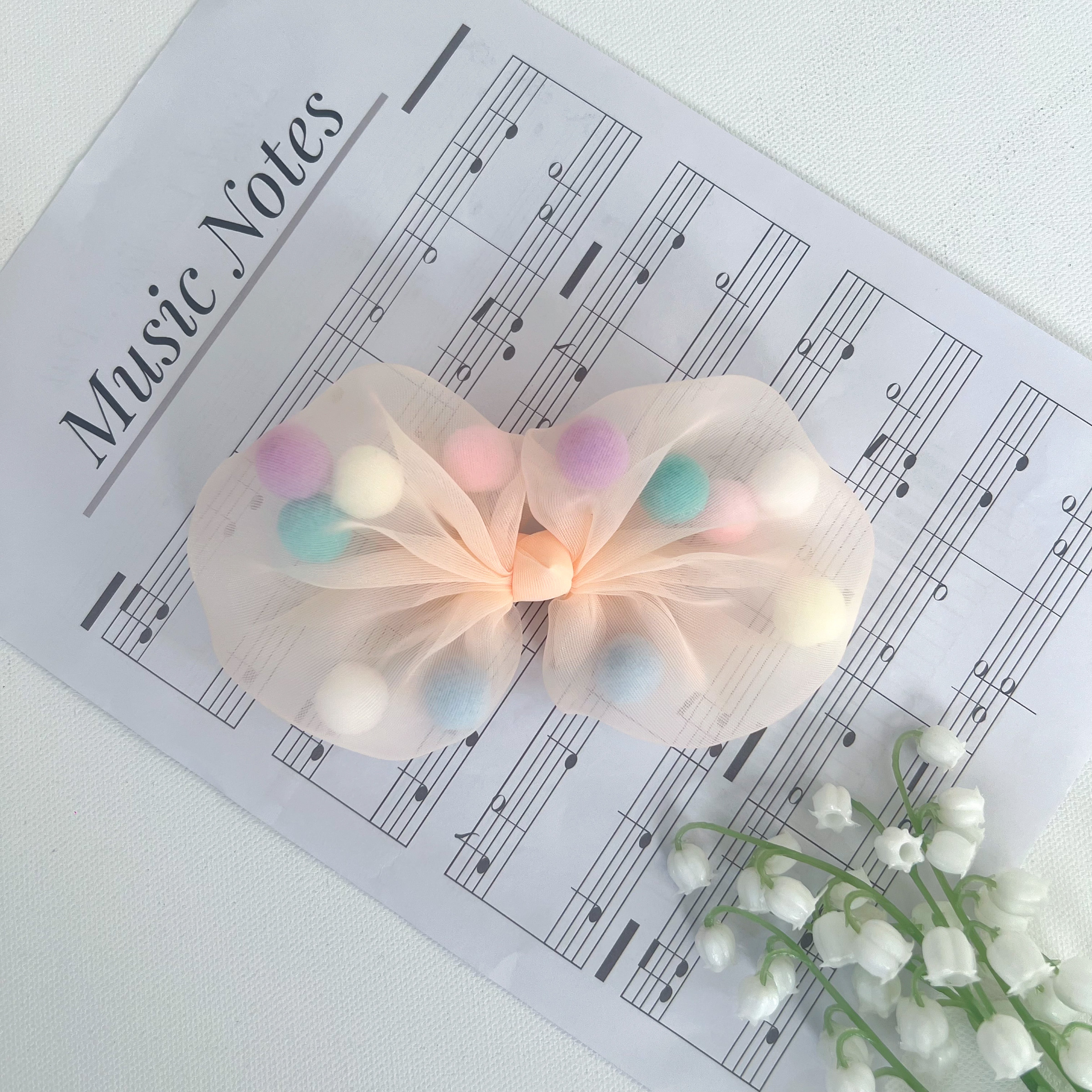 Summer Crystal - Tulle Bow with Pompoms Hair Clip - 1 Pack
