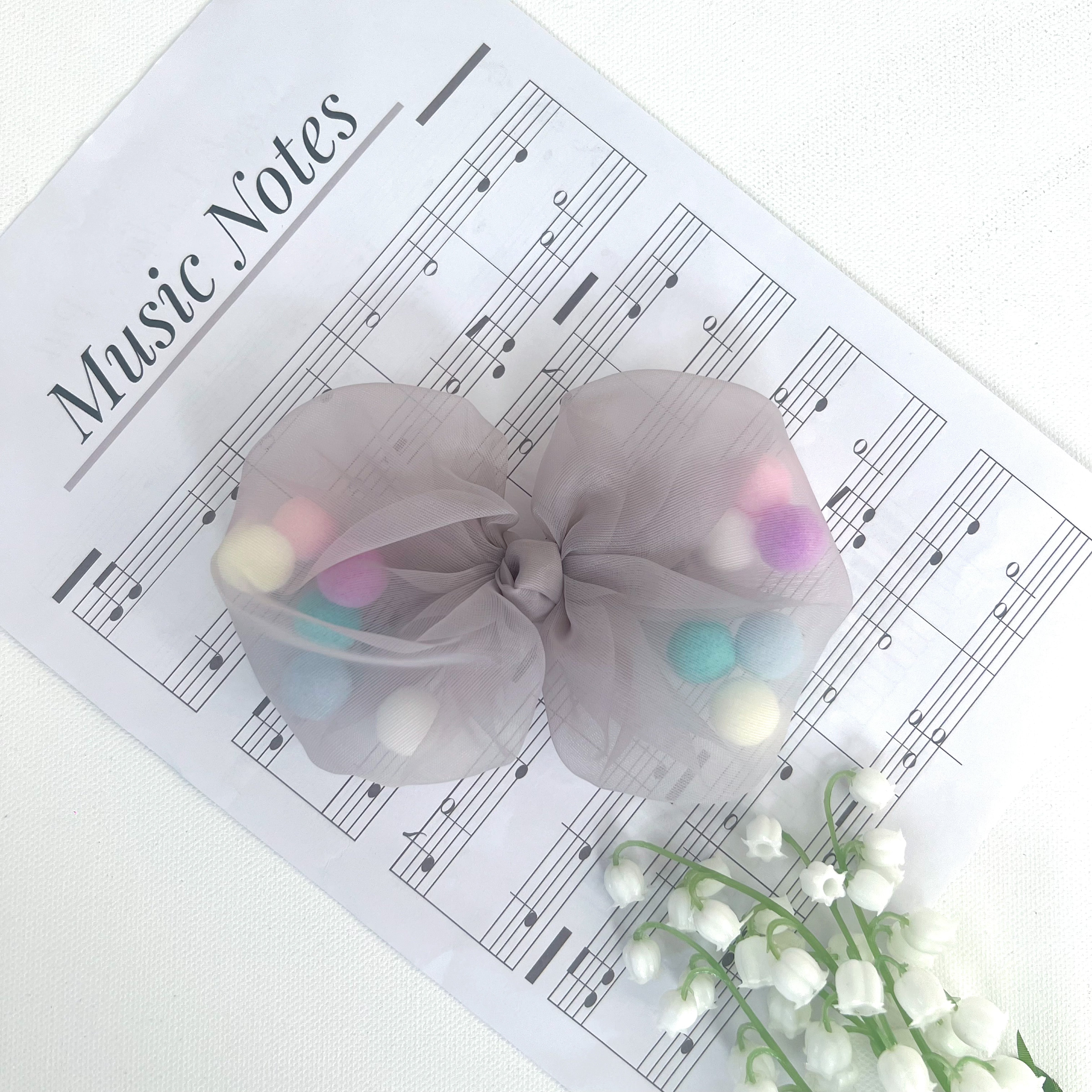 Summer Crystal - Tulle Bow with Pompoms Hair Clip - 1 Pack