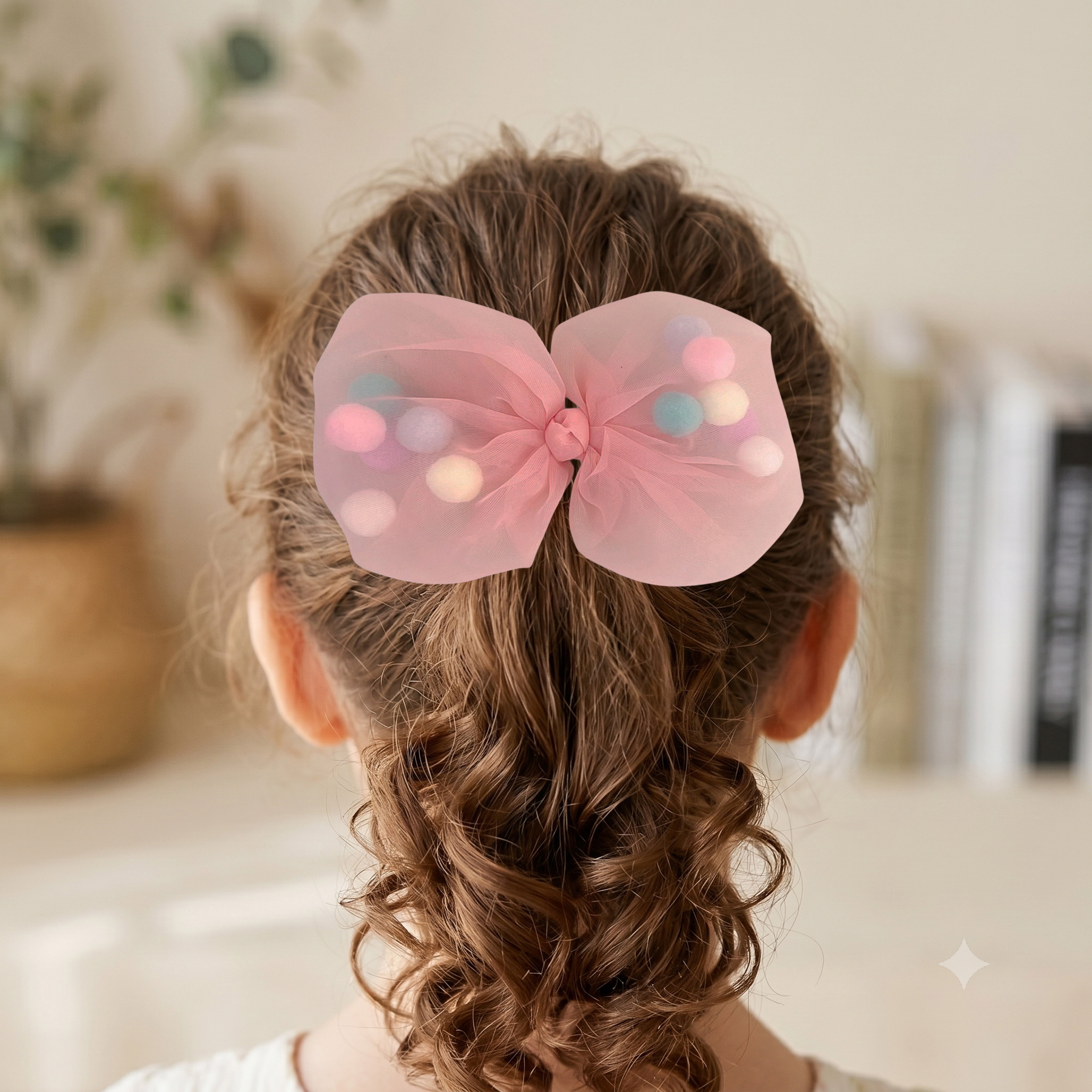 Girls' Tulle Bow with Pompoms Hair Clip
