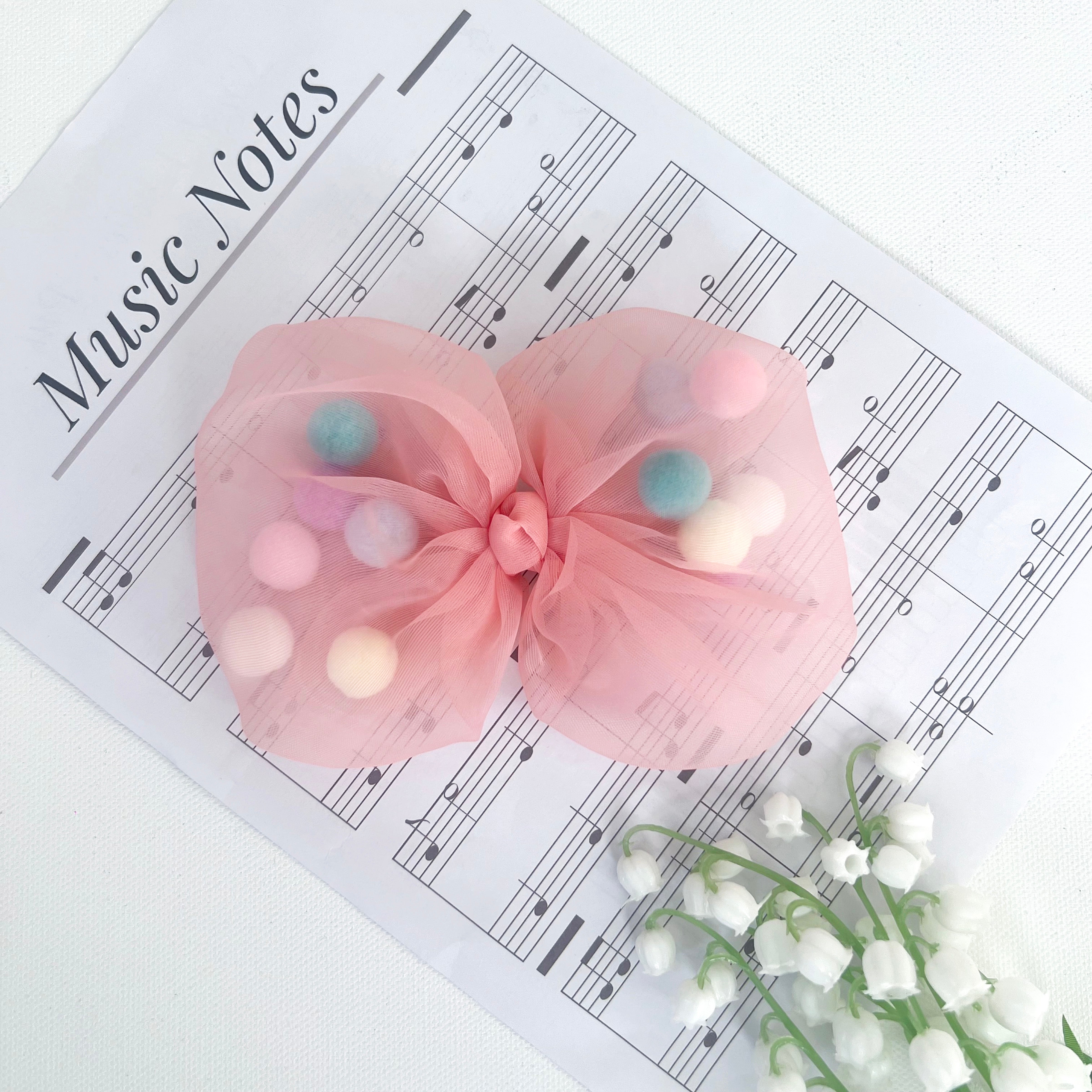 Summer Crystal - Tulle Bow with Pompoms Hair Clip - 1 Pack