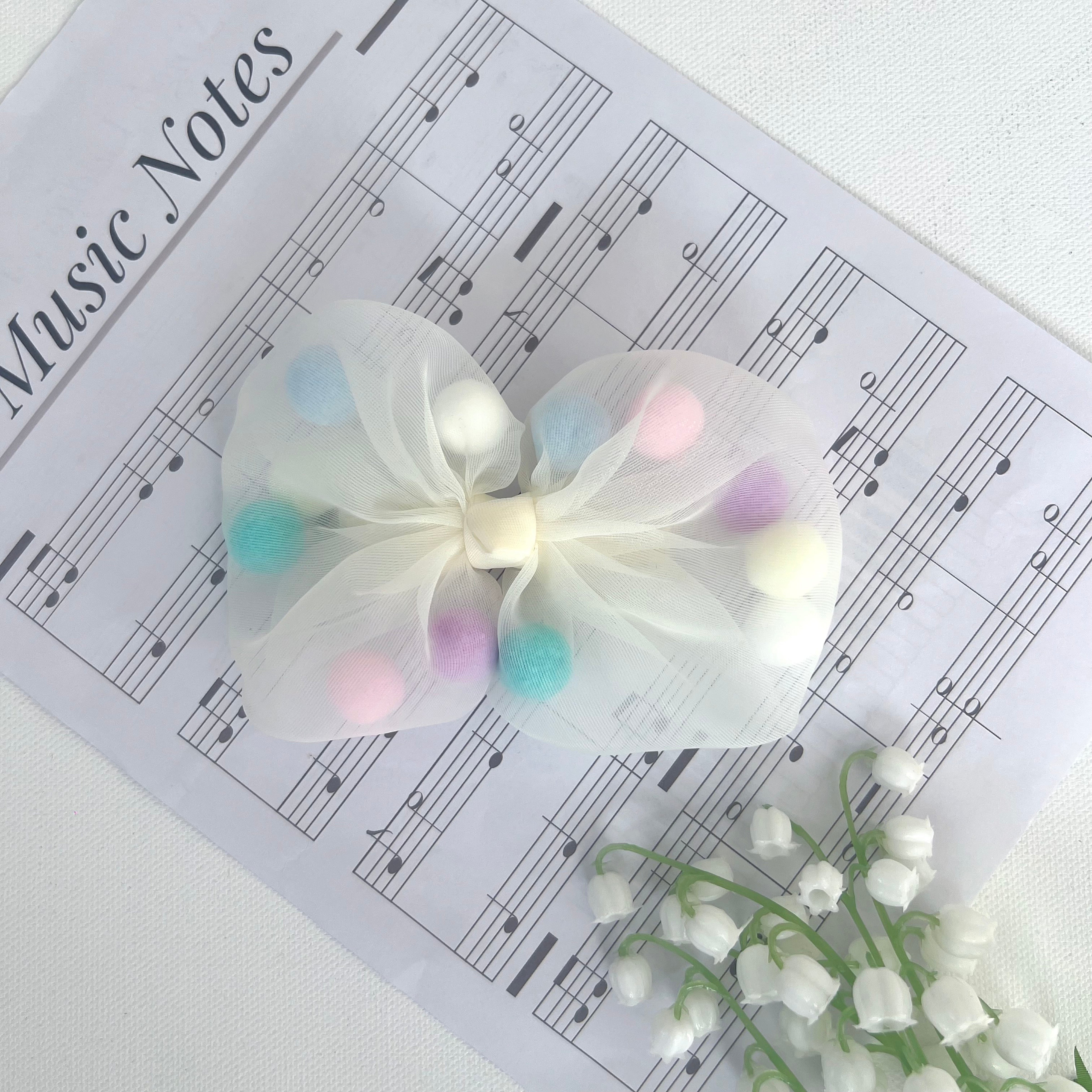 Summer Crystal - Tulle Bow with Pompoms Hair Clip - 1 Pack