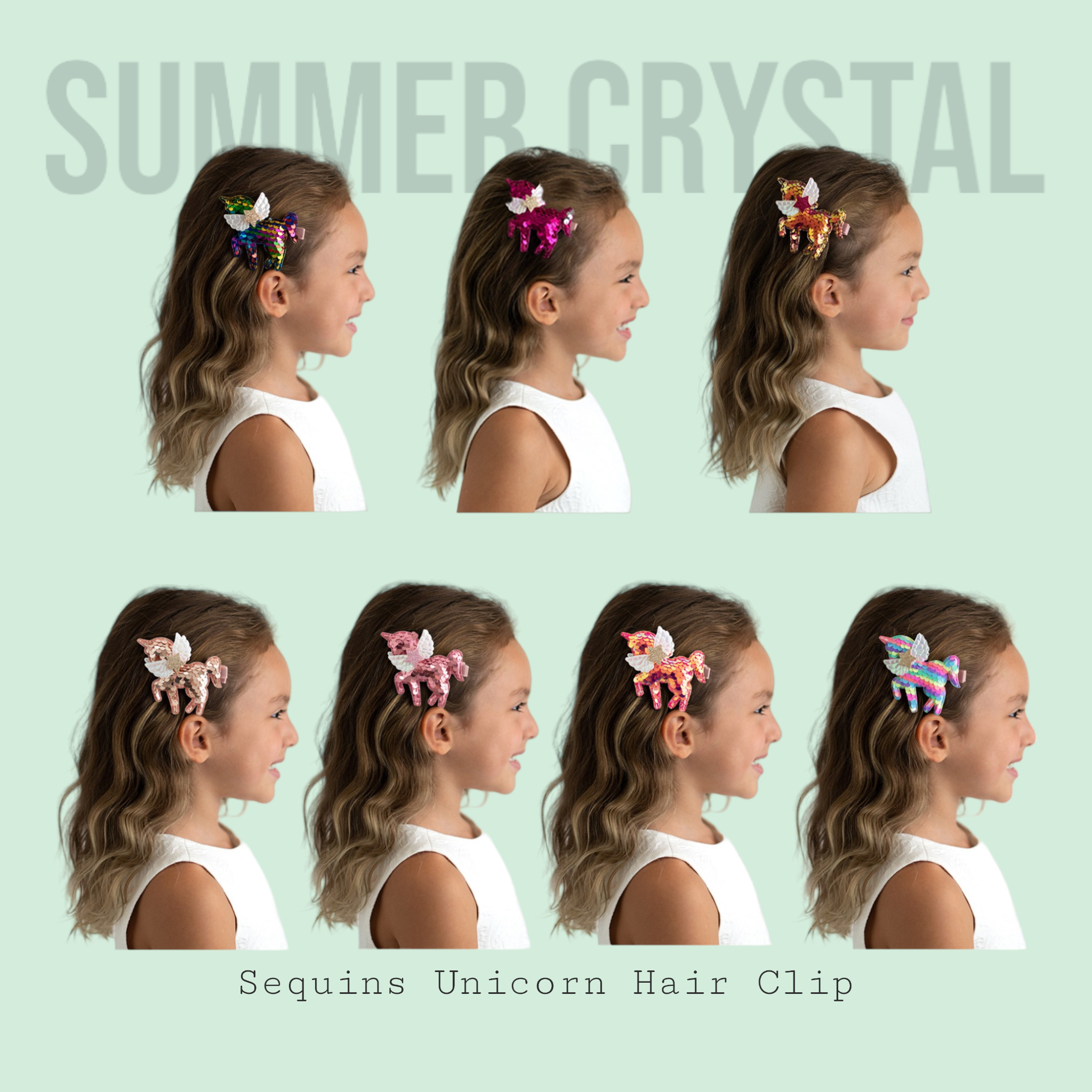 Summer Crystal Sequins Unicorn Alligator Hair Clip 2.75 x 3.25 Inch
