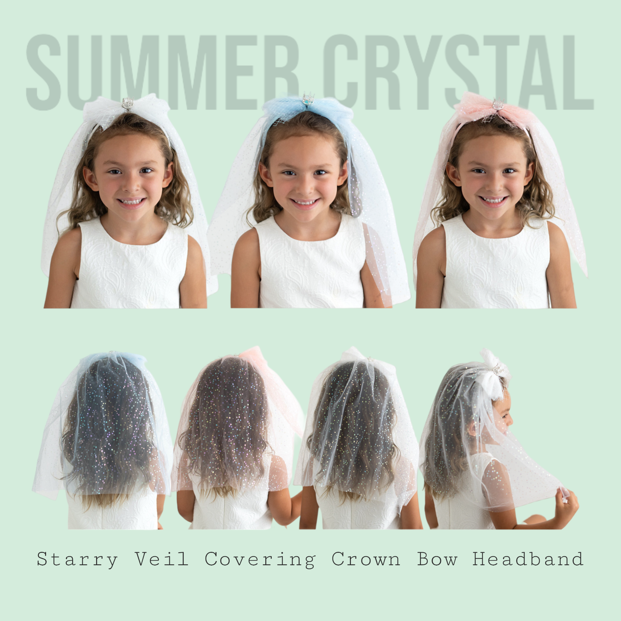 Summer Crystal Starry Veil Covering Crown Bow Headband For Girls