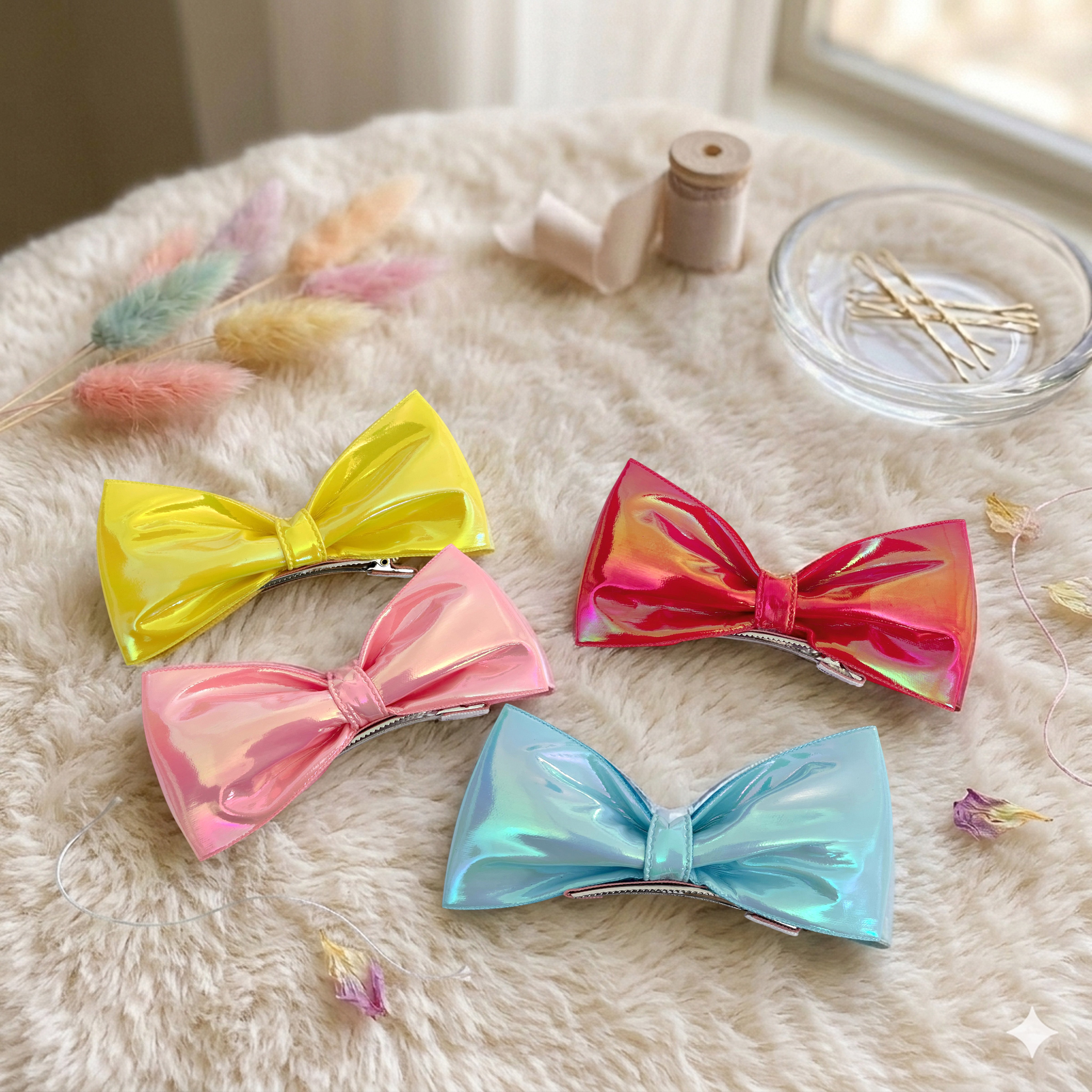 Girls' 2pk Vertical Bow Hair Clips – Premium Glitter &amp; Faux Leather Accessory Set