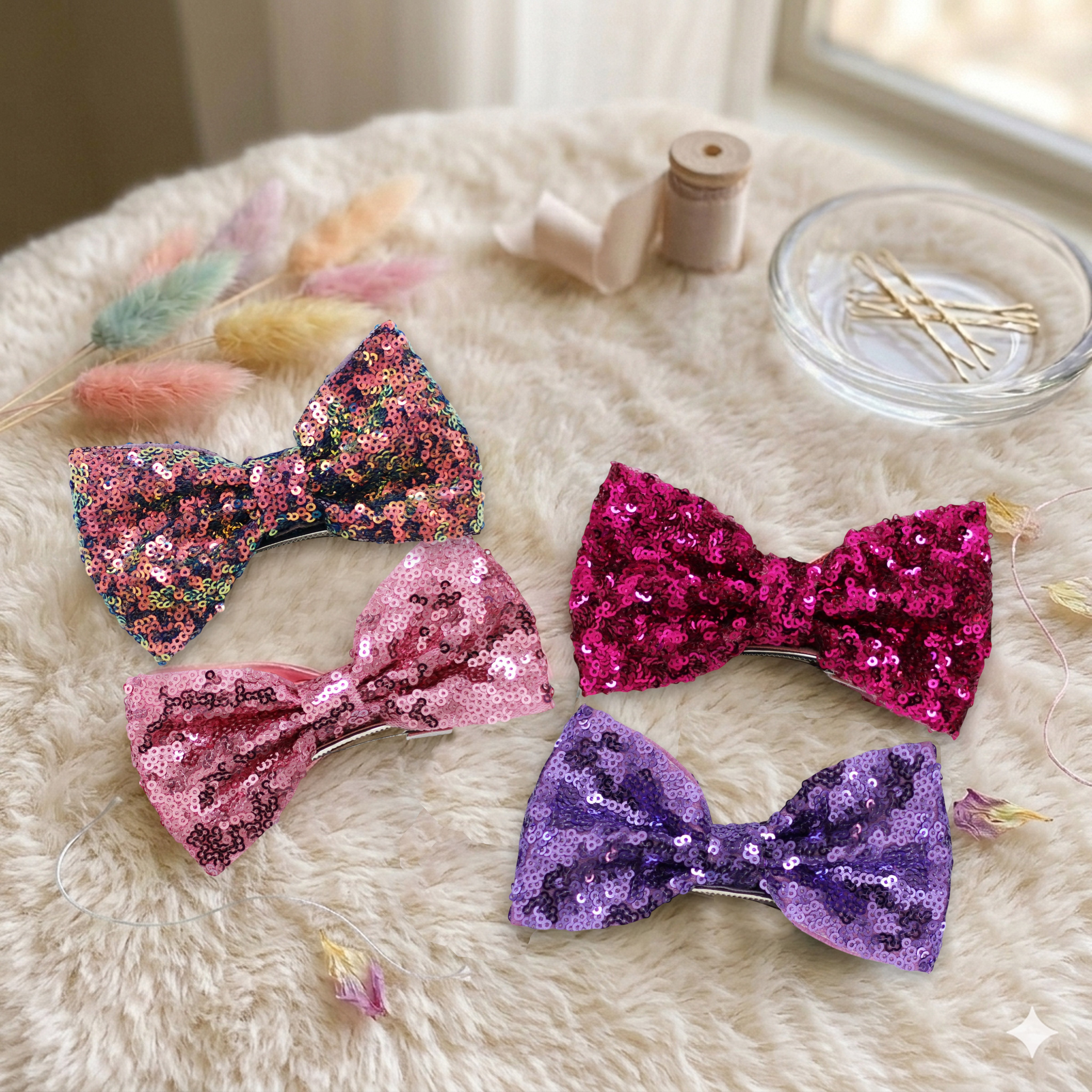 Girls' 2pk Vertical Bow Hair Clips – Premium Glitter &amp; Faux Leather Accessory Set