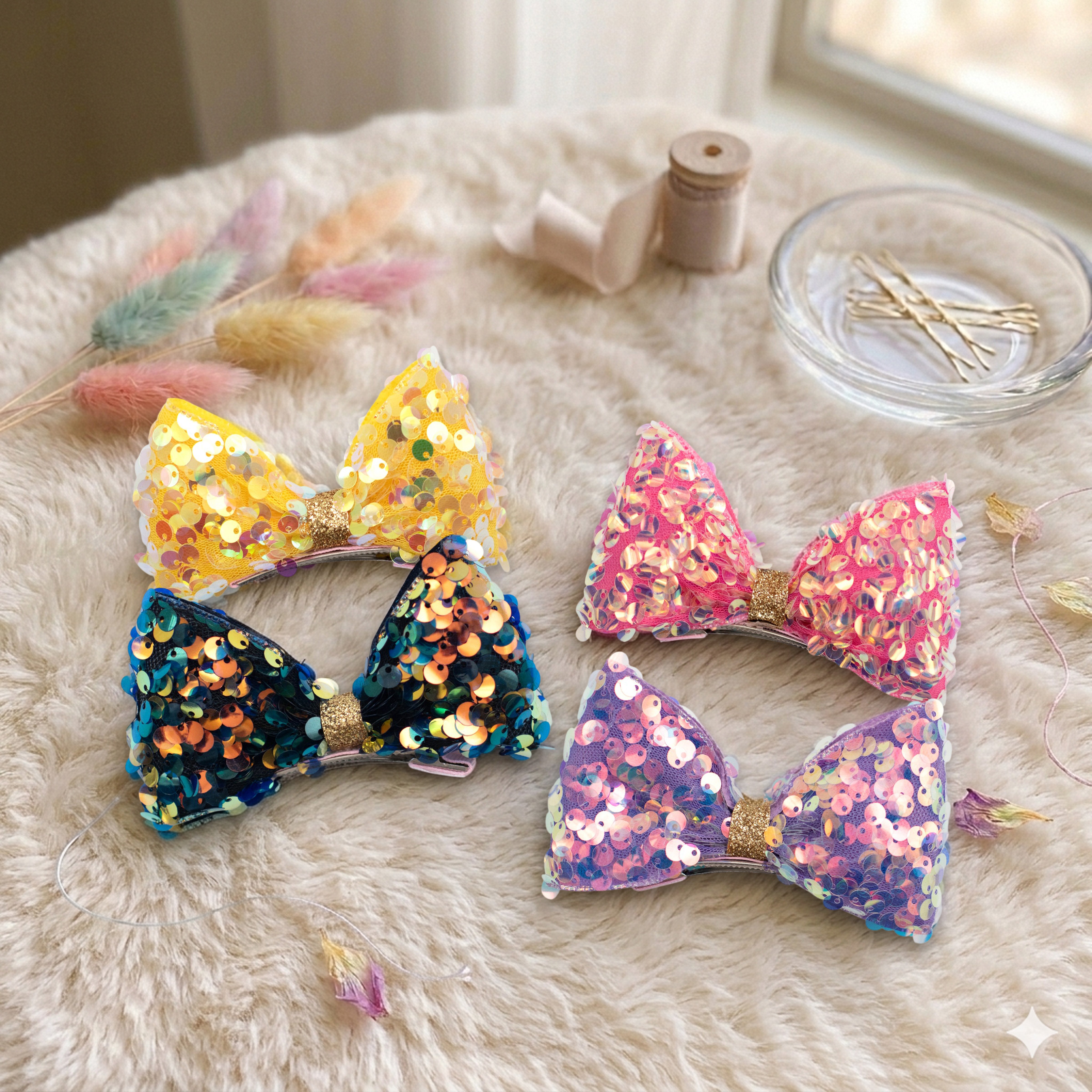 Girls' 2pk Vertical Bow Hair Clips – Premium Glitter &amp; Faux Leather Accessory Set