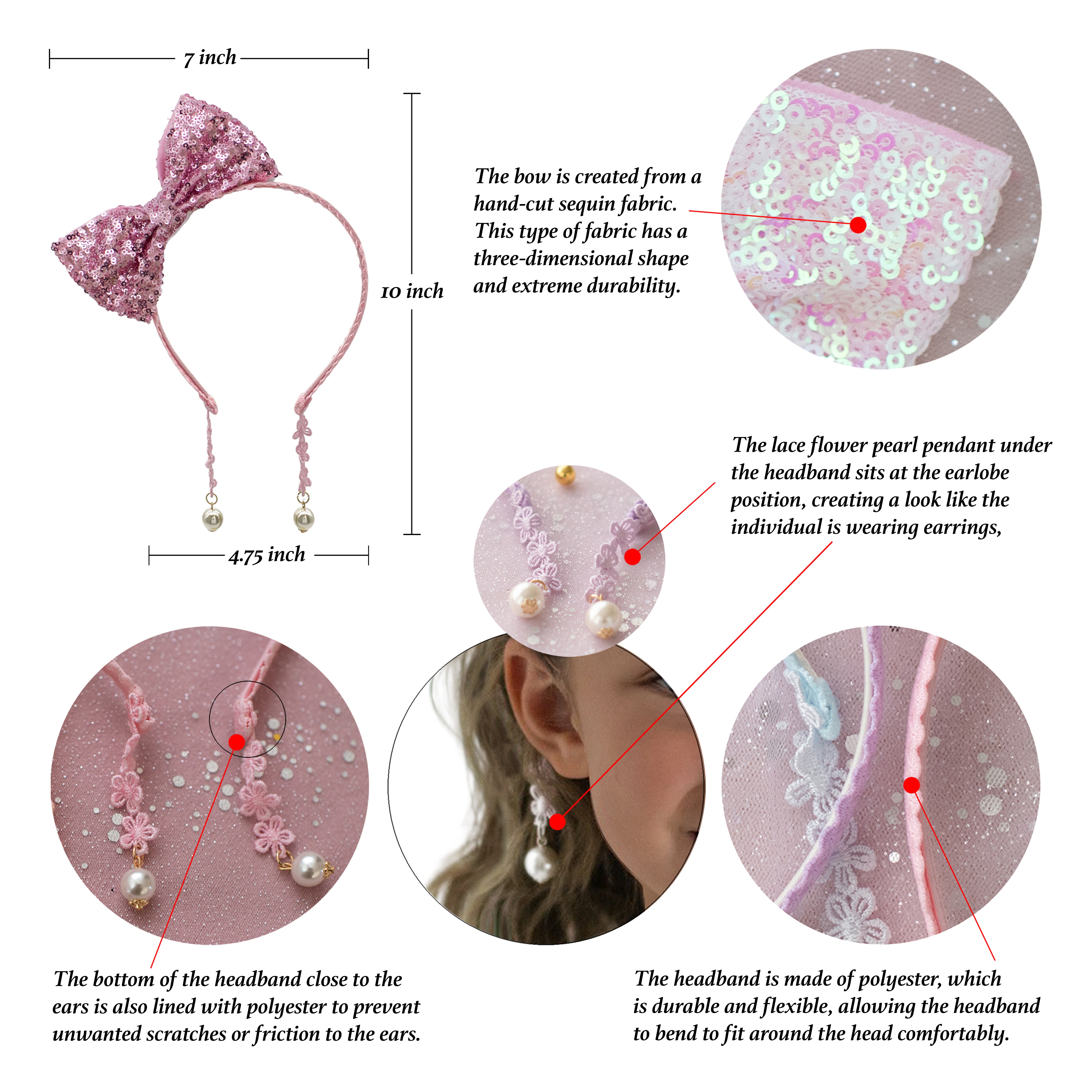 Summer Crystal - Sequin Bow Headband with Pearl Earring Pendants - 1 Pack